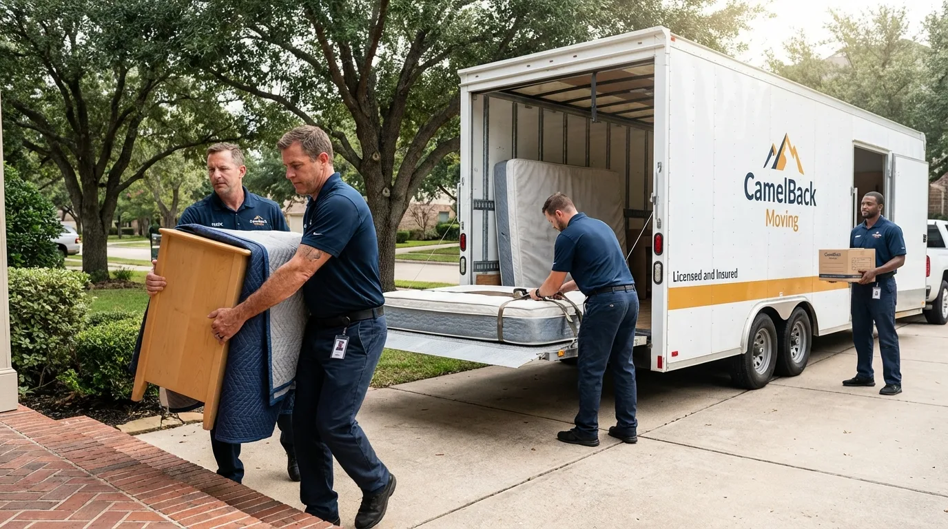 Crew loading residential truck for cross-state move from Kingsley, IA