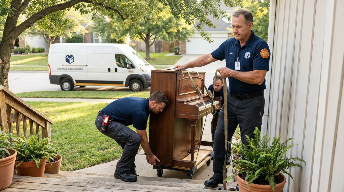 Licensed piano movers securing grand piano in Kingsley, IA