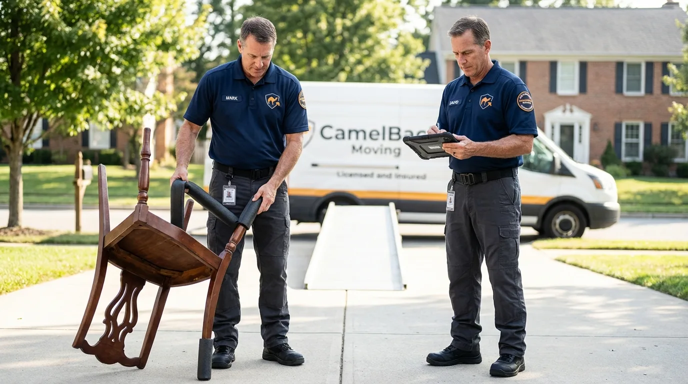 Movers inspecting furniture for damage prevention before loading in Kingsley, IA