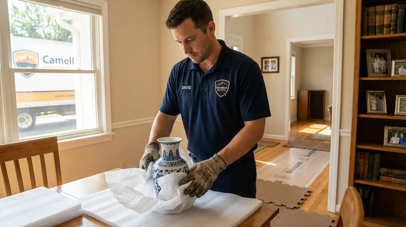 Professional crew carefully wrapping antique vase for senior downsizing move in Kingsley, IA