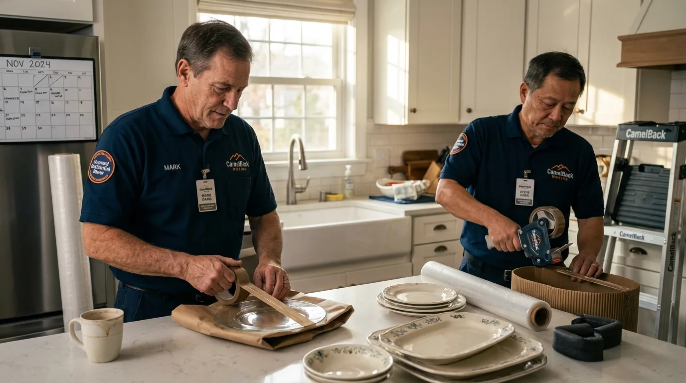 Professional crew packing kitchen dishware in Kingsley, IA